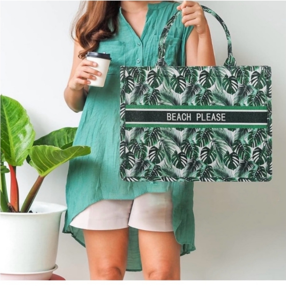 Green Leaf Print Tote Bag Beach LARGE NWOT